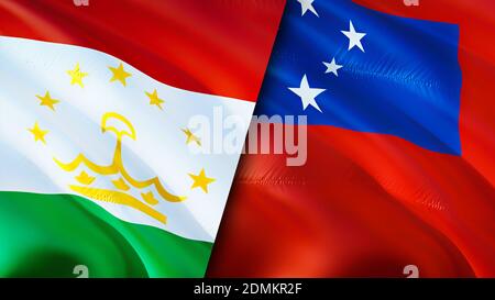 Tadschikistan und Samoa Flagge. 3D-Design mit wehenden Fahnen. Tadschikistan Samoa Flagge, Bild, Tapete. Tadschikistan vs. Samoa-Bild, 3D-Rendering. Tadschikistan, Samoa Stockfoto