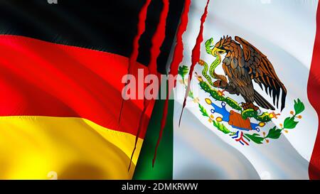 Deutschland und Mexiko Flaggen mit Narbenkonzept. Winkende Flagge, 3D-Rendering. Deutschland und Mexiko Konfliktkonzept. Deutschland Mexiko Beziehungen Konzept. Flagge von G Stockfoto