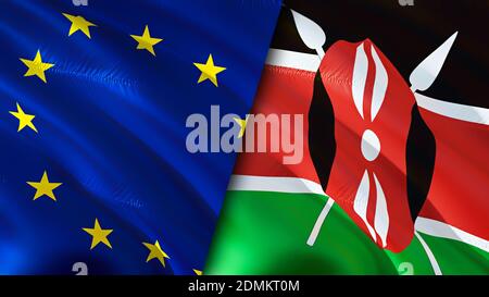 Flaggen der Europäischen Union und Kenias. 3D-Design mit wehenden Fahnen. Europäische Union Kenia Flagge, Bild, Tapete. Bild der Europäischen Union im Vergleich zu Kenia, 3D-Rendering. Euro Stockfoto