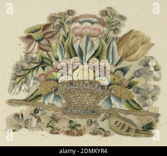 Fragment, Medium: silk, metallic thread Technique: embroidered, Fragment depicting a basket of flowers resting on the ground with a bird and flowers in the foreground., France, early 18th century, embroidery & stitching, Fragment Stock Photo