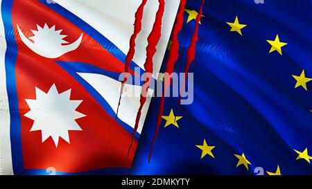 Nepal and European Union flags with scar concept. Waving flag,3D rendering. Nepal and European Union conflict concept. Nepal European Union relations Stock Photo