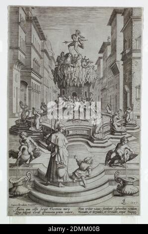 Neptunbrunnen, Florenz, Jan van der Straet, genannt Stradanus, Flämisch, 1523–1605, Meister F.B., Gravieren auf Papier, Italien, Italien, 1575, Architektur, Print Stockfoto