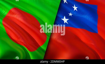 Flaggen von Bangladesch und Samoa. 3D-Design mit wehenden Fahnen. Bangladesch Samoa Flagge, Bild, Tapete. Bangladesch vs. Samoa-Bild, 3D-Rendering. Bangladesch Samoa Stockfoto