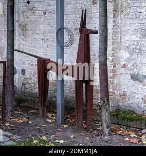 The Aedes Network Campus Berlin, ANCB courtyard and outdoor space, Christeninstrasse, Prenzlauerberg, Berlin Rusty deer sculpture & weathered wall The Stock Photo