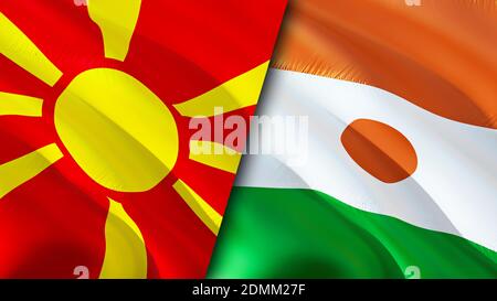 Nordmakedonien und Niger Flaggen. 3D-Design mit wehenden Fahnen. Nordmakedonien Niger Flagge, Bild, Tapete. Nordmakedonien vs Niger Bild, 3D-Rendering. N Stockfoto