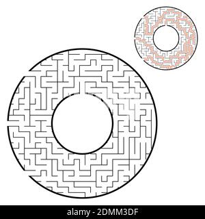 Schwarzes rundes Labyrinth. Mit drei Möglichkeiten. Spiel für Kinder. Puzzle für Kinder. Labyrinth-Rätsel. Flache Vektorgrafik isoliert auf weißem Hintergrund. Witz Stock Vektor