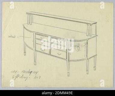 Design für Sideboard mit sechs Schubladen, A. N. Davenport Co., Graphit auf dünnem Papier, großes Sideboard auf sechs kurzen, geraden, konischen Beinen; abgerundete Vorderecken mit neoklassizistischen Motiven verziert; verlängerter Rücken und zwei Säulen auf beiden Seiten unterstützen das obere Regal; Flacher Mittelteil auf der Vorderseite enthält sechs Schubladen von etwa gleicher Größe in drei Reihen., 1900–05, Möbel, Zeichnung Stockfoto