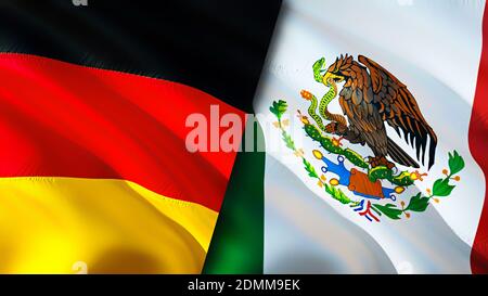 Flaggen Deutschland und Mexiko. 3D-Design mit wehenden Fahnen. Deutschland Mexiko Flagge, Bild, Tapete. Bild Deutschland vs. Mexiko, 3D-Rendering. Deutschland Mexiko relatio Stockfoto