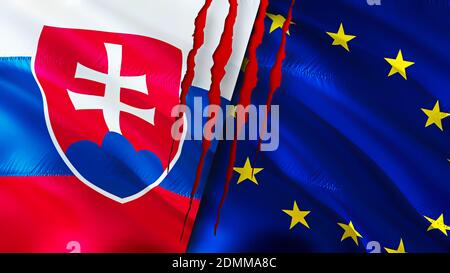 Flaggen der Slowakei und der Europäischen Union mit Narbenkonzept. Winkende Flagge, 3D-Rendering. Konfliktkonzept der Slowakei und der Europäischen Union. Slowakei Europäische Union r Stockfoto
