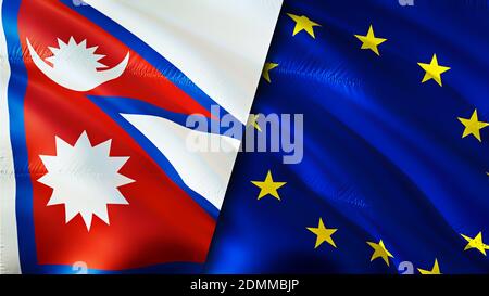 Flaggen von Nepal und der Europäischen Union. 3D-Design mit wehenden Fahnen. Nepal EU Flagge, Bild, Tapete. Bild Nepal vs. Europäische Union, 3D-Rendering. Nepa Stockfoto