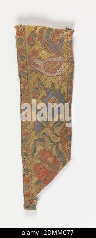 Fragment, Medium: silk, metallic yarns Technique: twill weave, Narrow band showing flowers and rooster., Iran, 17th–early 18th century, woven textiles, Fragment Stock Photo