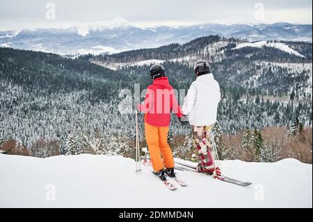 Rückansicht von zwei Skifahrern in Skianzügen und Skiausrüstung in den Winterbergen, bei schneebedecktem Wetter, Skifahren und unglaublichen Landschaften. Konzept der Wintersport-Aktivitäten, Beziehungen. Stockfoto