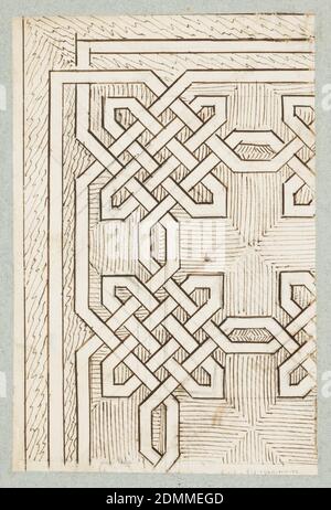 Vier linke Hälften von Escutcheons, Gilles-Marie Oppenord, französisch, 1672–1742, Bleistift, Feder und braune Tinte mit grauer Waschung, partielle Rahmenlinie in roter Kreide, horizontales Rechteck., Recto: Vier linke Hälften von Escutcheons, verziert mit Rollen, Blättern und mit Kronen überzogen. Die eine zeigt einen halb-weiblichen Halblöwen, die andere einen Kopf über einem Halbmond und Speer-Kopf., Verso: Verflechtung Muster von Band-Arbeit, wahrscheinlich für die Ausführung in Marmor oder Holzboden. Der Boden ist in Schattierung angegeben, vielleicht ein Vorschlag für Suite XIV, Platte 1., ein Blatt Papier auf recto und verso gezeichnet Stockfoto