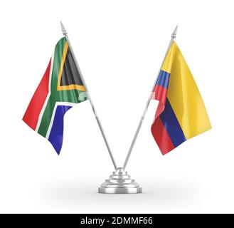 Colombia and South Africa table flags isolated on white 3D rendering Stock Photo