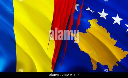 Rumänien und Kosovo Flaggen mit Narbenkonzept. Winkende Flagge, 3D-Rendering. Konfliktkonzept Rumänien und Kosovo. Rumänien Kosovo Beziehungen Konzept. Flagge von R Stockfoto