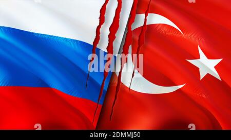 Russland und Türkei Flaggen mit Narbe Konzept. Winkende Flagge, 3D-Rendering. Russland und Türkei Konfliktkonzept. Russland Türkei Beziehungen Konzept. Flagge der Russ Stockfoto