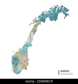 Norwegen hat detaillierte Karte mit Unterteilungen. Verwaltungskarte von Norwegen mit Bezirken und Stadtnamen, farbig nach Bundesstaaten und Verwaltungsbezirk Stock Vektor