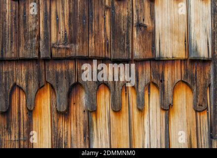 full frame closeup shot showing a weathered wooden shingles background Stock Photo