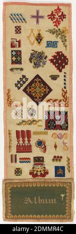 Sampler, Medium: Wolle-Stickerei auf Baumwollfundament Technik: Gestickt in Kreuzstichen auf Leinwandfundament, lange und schmale Motivtafel. An einem Ende ein Rechteck 'Album.', Deutschland, Ende des 19. Jahrhunderts, Stickerei & Stitching, Sampler Stockfoto