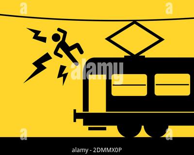 Der Mensch wird getötet, indem er die Oberleitung über dem Zug berührt. Gefährliche und gefährliche Risiken durch Strom und elektrische Leitungen oder Kabel. Vektorgrafik Stockfoto