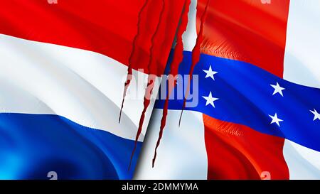 Niederländische und Niederländische Antillen Flaggen mit Narbenkonzept. Winkende Flagge, 3D-Rendering. Konfliktkonzept der Niederländischen und Niederländischen Antillen. Netherl Stockfoto