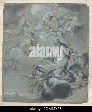 Apotheose einer heiligen Frau, Giacomo Farelli, italienisch, 1624 - 1706, Feder und braune Tinte, Pinsel mit blauem Aquarell, weiße Gouache auf blauem Papier; rückseitig: Schwarz-weiße Kreide, unten rechts, eine weibliche Figur bedeckt mit Draperie, ihre Arme ausgestreckt, Putti umkreist die Wolke unter ihr. Oben senkt ein Engel eine Krone auf ihr Haupt. Weitere Engel am Himmel links. Verso: Eine Studie zu 'Rest on the Flight'., Neapel, Italien, vor 1706, Zahlen, Zeichnung Stockfoto