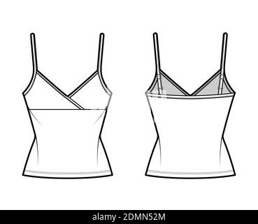 Camisole Surplice Tank Baumwoll-Jersey Top technische Mode-Illustration mit Empire-Naht, dünnen verstellbaren Trägern, Slim Fit. Flach außen Schablone vorne, hinten, weiß. Frauen Männer CAD Mockup Stock Vektor