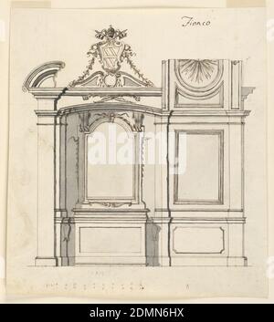 Entwurf für einen Altar, Stift und Sepia-Tinte, Pinsel und graues Aquarell, Graphit auf Papier, Entwurf für einen Altar, Höhenansicht. In der Mitte des zerbrochenen Giebels befindet sich ein kleiner Wappen für das Wappen eines Prälaten (Pfarrer/Bischof). Oben befindet sich das größere Wappen von Papst Clemens XII. (1730-1740) mit an jeder Seite hängenden Girlanden. Der nach außen rahmende Pilaster mit einem anderen Giebel ist nicht gezeichnet, da er Raum für die Erhebung der Seitenwand der Kapelle und ein Projekt für die Erhebung ihrer gewölbten Decke gegeben hat. Unten ist die Skala., Rom, Italien, 1733, Architektur Stockfoto