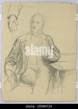 Sketch of man Seated in Armchair, Daniel Huntington, American, 1816–1906, Graphit auf grauem Papier, man sitzt in einem Sessel, frontal, seine Beine gekreuzt. Seine rechte Hand wiederholte sich, obere linke. Sein linker Ellenbogen auf einem Tisch, und die linke Hand an der Brust., USA, ca. 1878, Figuren, Zeichnung Stockfoto