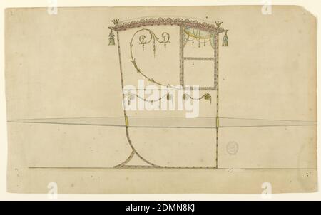 Design für eine Limousine Stuhl, Stift und Tinte, Pinsel und verschiedene Wasserfarben auf Papier, in Profil nach rechts gedreht gezeigt. Oben rechts ist ein Fenster mit zwei Paneelen und einem Vorhang. Die nebenstehende Tafel ist mit einer Schriftrolle verziert. Der untere Teil bildet eine Tafel und ist mit zwei Girlanden verziert, die auf je zwei Scheiben in der oberen Ecke liegen, ähnlich wie 3. An den Ecken der Rood sind Kronen und Quasten., London, England, ca. 1775, Möbel, Zeichnung Stockfoto