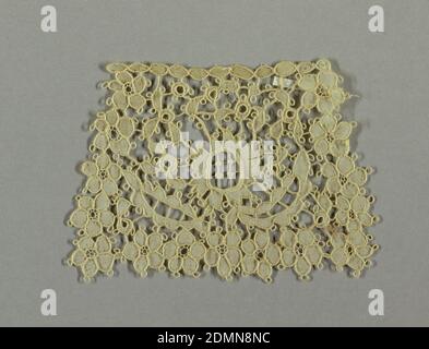 Fragment, Medium: linen Technique: cutwork, buttonhole stitches, Natural-colored linen with a cut-out design outlined in buttonhole stitches. Border of five-petal blossoms and a central rosette with foliage., Ireland, early 19th century, embroidery & stitching, Fragment Stock Photo