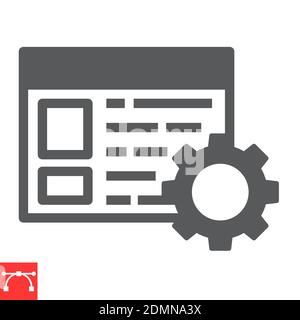 Content-Management-Glyph-Symbol, Marketing und seo, Browser mit Zahnradzeichen Vektorgrafiken, editierbare Kontur solide Symbol, eps 10. Stock Vektor
