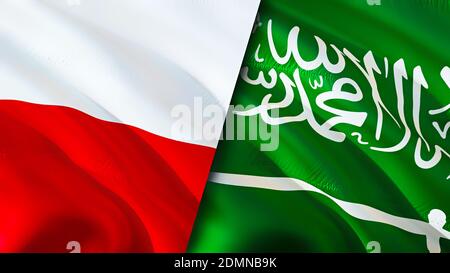 Polen und Saudi-Arabien Flaggen. 3D-Design mit wehenden Fahnen. Polen Saudi-Arabien Flagge, Bild, Tapete. Polen vs. Saudi-Arabien Bild, 3D-Rendering. Polen Stockfoto
