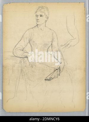 Skizze für ein Porträt einer sitzenden Frau, Daniel Huntington, Amerikaner, 1816–1906, Graphit auf Papier, Frau sitzend frontal, mit ihrem rechten Arm auf einem Tisch und einem Fächer in der linken Hand. Sie schaut nach links. Der linke Arm wiederholt, oben rechts., USA, 1879, Figuren, Zeichnung Stockfoto