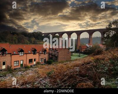 Larpool Viadukt, auch bekannt als das Esk Valley Viadukt ist ein 13 Bogen Backstein Viadukt gebaut, um die Scarborough & Whitby Eisenbahn über den Fluss Esk zu tragen, Stockfoto