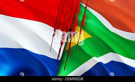 Niederlande und Südafrika Flaggen mit Narbenkonzept. Winkende Flagge, 3D-Rendering. Konfliktkonzept Niederlande und Südafrika. Niederlande Südafrika Stockfoto