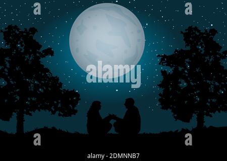 Das Paar sitzt unter dem Mondlicht. Romantische Silhouette der liebevollen Paar in der Nähe von Tree.Silhouette der liebevollen Paar in Valentines Night.Vector Illustration Stock Vektor
