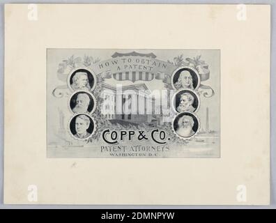 Halbtongravierung: Wie man ein Patent erhält, Copp & Co. Patentanwälte, Washington, D.C., James Henry Moser, Canadian, 1854–1913, Halbtongravur in schwarzer Tinte auf Papier, oben, auf einem Banner über einem Schild: WIE MAN / EIN PATENT erhält. Unten, Fassade des Patentamts in Washington, D.C. auf beiden Seiten, kreisförmige Porträts von drei amerikanischen Erfindern, mit HOWE, BELL und EDISON auf der linken Seite und FRANKLIN, McCormick, und MORSE auf der rechten Seite. Unten: COPP & CO. / PATENTANWÄLTE / WASHINGTON D.C. Freiheitsstatue, unten links, und Washington Monument, unten rechts., USA, 1898, Grafikdesign, Print Stockfoto