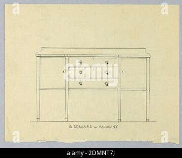 Design für Sideboard aus Mahagoni mit drei Schubladen, A. N. Davenport Co., Graphit auf dünnem cremefarbenem Papier, rechteckiges Sideboard mit drei Schubladen in der Mitte, jeweils mit runden Ziehpaaren und flankiert von zwei Türen; niedrige Backsplash., 1900–05, Möbel, Zeichnung Stockfoto