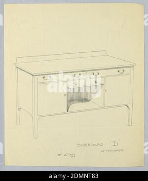 Design für Sideboard 'D' von Mahagoni, A.N. Davenport Co., Graphit auf dünnem Papier, rechteckiges Sideboard auf vier kurzen, verjüngten Beinen; dreigliedrige Front mit Nischenmitte, gekrönt von zwei kleinen Schubladen und flankiert von zwei Schrankschubladen auf beiden Seiten; niedriger Rücksplash., 1900–05, Möbel, Zeichnung Stockfoto