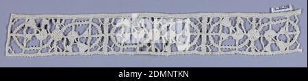 Fragment, Medium: linen Technique: grid of withdrawn element with needle lace, reticella style, A narrow panel with repeat of a scroll., Italy, 16th–17th century, lace, Fragment Stock Photo