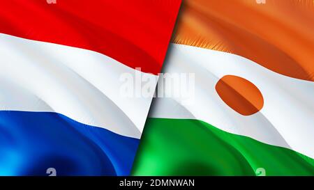 Flagge der Niederlande und Niger. 3D-Design mit wehenden Fahnen. Niederlande Niger Flagge, Bild, Tapete. Niederlande vs Niger Bild, 3D-Rendering. Niederlande N Stockfoto