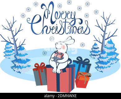 Vector Christmas card with rabbit. Handwritten lettering Merry Christmas Stock Vektor
