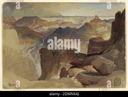 Blick von Powell's Plateau, Grand Canyon, Colorado, Thomas Moran, Amerikaner, B.. Großbritannien, 1837–1926, Recto: Pinsel und Aquarell, weiße Gouache, Graphit auf braunem Gewebspapier Verso: Graphit auf Papier, Recto: Blick auf den Grand Canyon vom Rand des Powell's Plateau, einer der schönsten Ausblicke auf den Grand Canyon und den Colorado River, benannt nach dem Entdecker und Geologen John Wesley Powell, Leiter der Colorado River Expedition., Verso: Kaum entzifferbare Landschaft (?) In linierten Graphitrand., 1873, Landschaften, Zeichnung Stockfoto