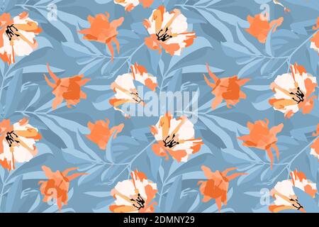 Vector floral seamless pattern. Orange, white flowers, blue leaves. Stock Vektor
