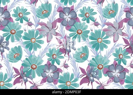 Vektor florale Nahtloses Muster. Türkis und lila Blüten. Stock Vektor