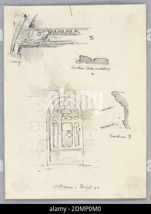 Architekturdetails, Arnold William Brunner, Amerikaner, 1857–1925, Graphit auf Papier, gewölbter Eingang und Fries darüber. Profile der Formgebung, rechts., USA, 1883, Architektur, Zeichnung Stockfoto