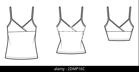 Set von Camisoles Surplice Tank Top technische Mode Illustration mit Empire-Naht, verstellbare Träger, schlank oder überdimensional Passform, Crop oder Tunika Länge. Flache Schablone vorne weiß Farbe. Frauen Männer CAD Stock Vektor