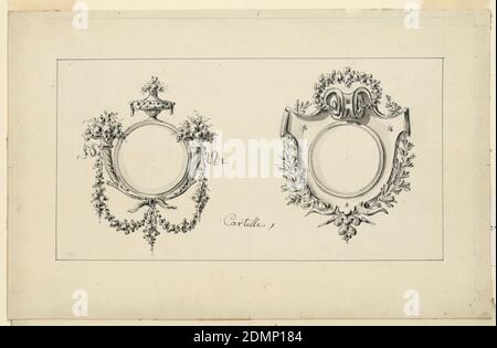 Entwürfe für zwei Rahmen, Richard de Lalonde, französisch, aktiv 1780–96, Stift und schwarze Tinte, Pinsel und Wäsche, Graphit auf weißem Papier, horizontales Rechteck mit zwei kreisförmigen Spiegelrahmen oder Plaketten. Links: Urne oben, Füllhorn mit Blüten an beiden Seiten, von denen sich aufgehängte Girlanden befinden. Rechts: Die mit einer Blumengirlande und Blättern verzierte, in einer Spirale beendende Rollarbeit. Schwarze Rahmenlinien., Frankreich, 1780, Möbel, Zeichnung Stockfoto