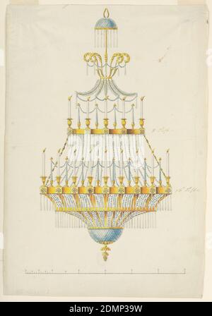 Design für einen Kronleuchter, Stift und schwarze Tinte, Pinsel und gelb-braun, grün, blau Aquarell, Graphit auf Papier, Vertikal Rechteck. Design für einen Kronleuchter. Die brennenden Kerzen werden abwechselnd mit Glaskerzen auf zwei Ringen entsorgt. Es gibt acht von jeder Art oben, sechzehn unten. Oben und unten sind Diamantglasbänder. Oberteile und andere Glasverzierungen. Die Skala ist unten., Österreich, ca. 1830, Beleuchtung, Zeichnung Stockfoto